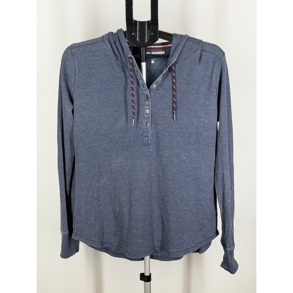 Tommy Hilfiger Sport Blue Waffle Knit Henley Hoodie Long Sleeve Shirt Womens M